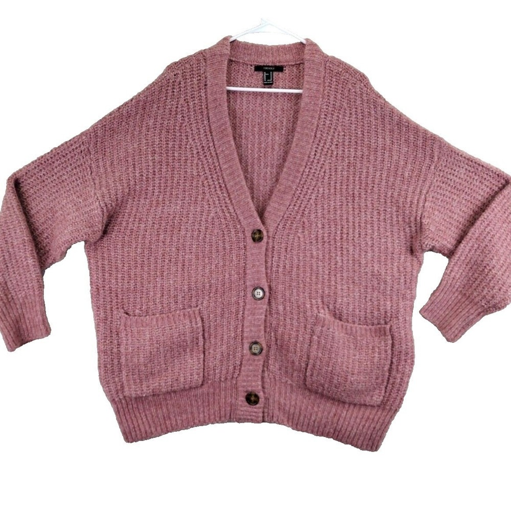 Forever 21 Mauve Chunky Knit Cardigan Sweater Long Sleeve Button Pockets Medium